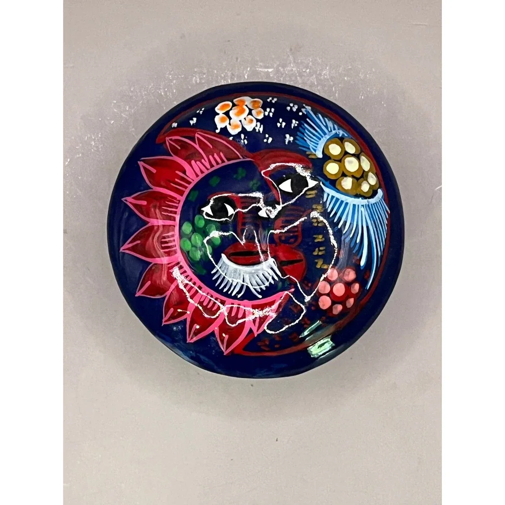 Sun Moon Stars Celestial Redware‎ Trinket Box Cobalt Blue 2.5